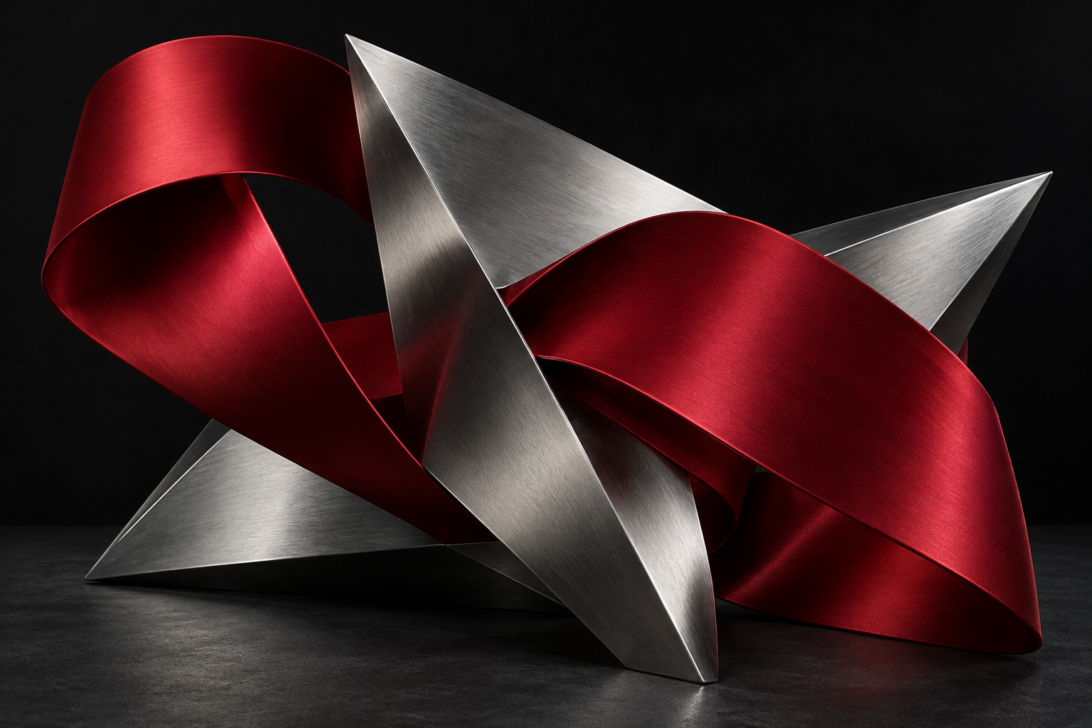 Crimson and silver forms interlocking, representing creativity and precision