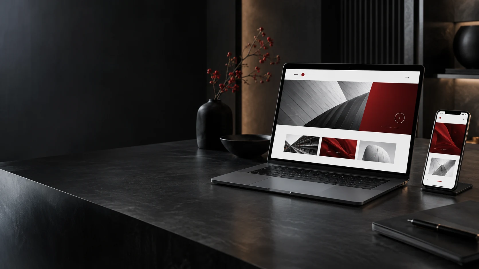 Editorial photograph of a premium laptop and phone displaying clean digital interfaces
