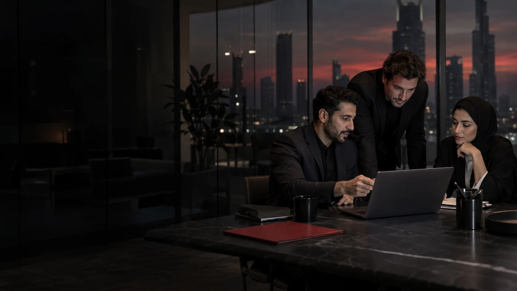 Illustrative consultancy team collaborating around a laptop in a modern studio