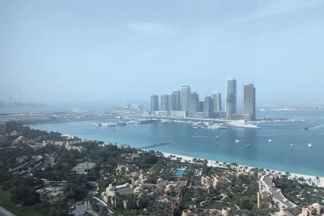 View across Dubai Marina and Palm Jumeirah from Blacksea Business Center.