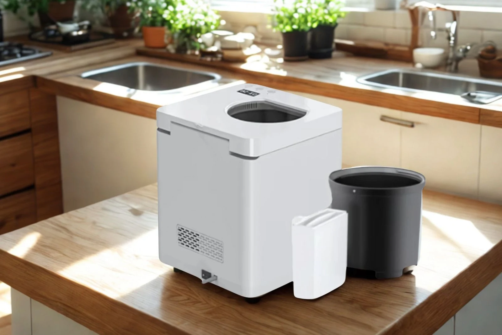 Compost Master 2.5 litre home composter and removable bucket on a kitchen counter.