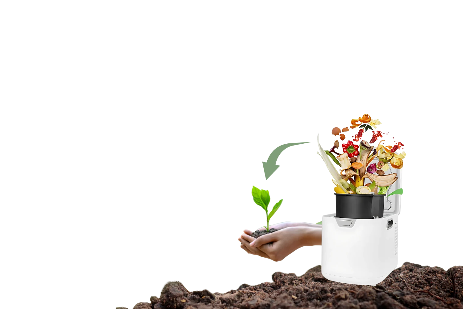 Compost Master kitchen composter with food scraps, rich soil and a young plant.
