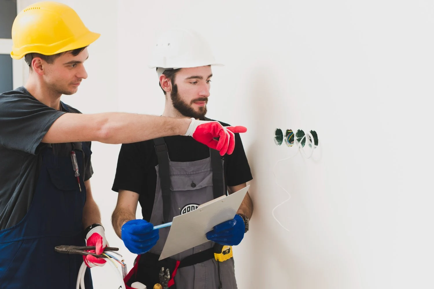 Two technicians reviewing electrical installation work