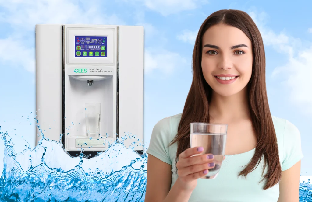 GEES air water machine alongside a woman holding a glass of water.