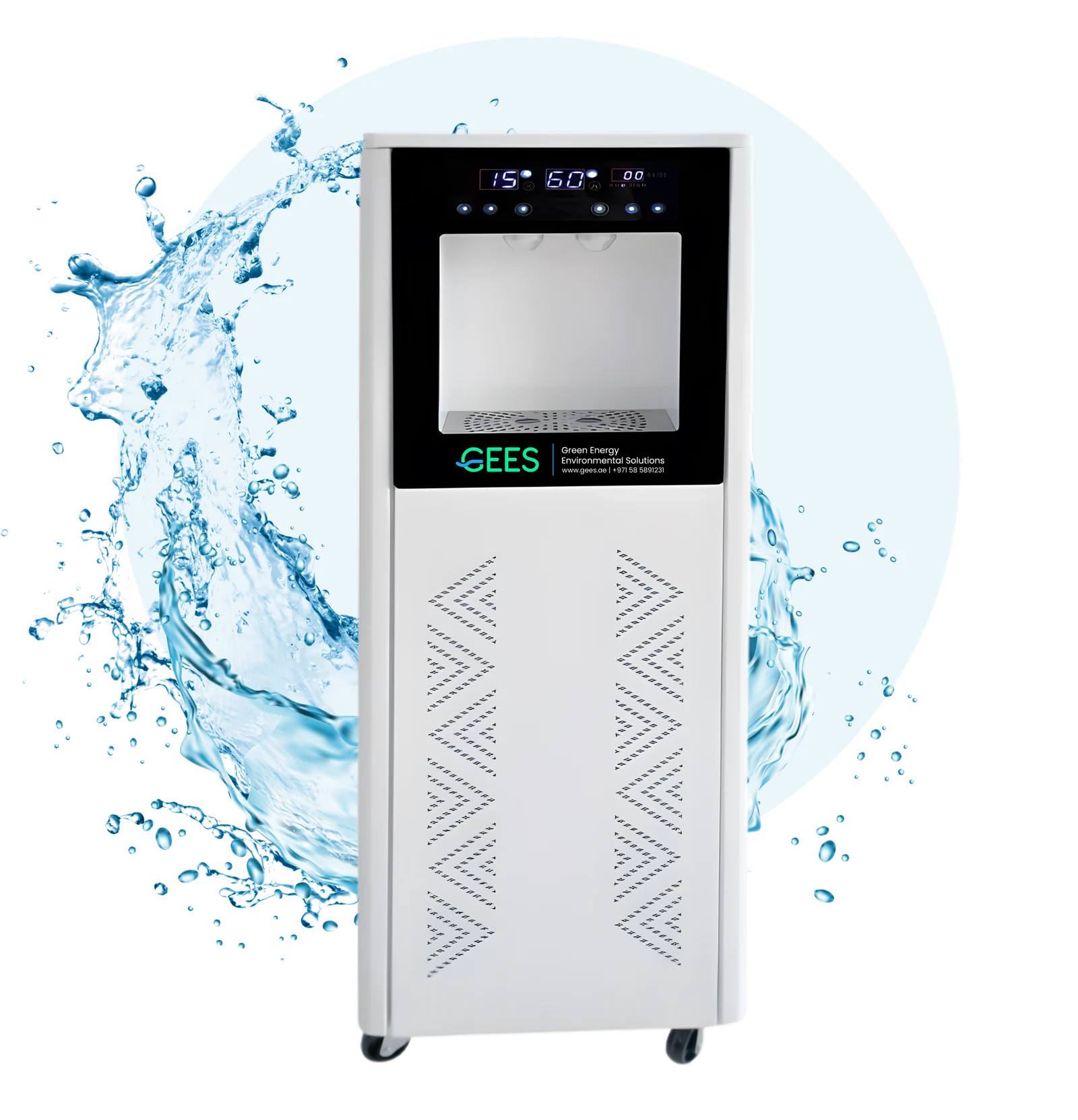 GEES floorstanding air water making machine with a water splash graphic.