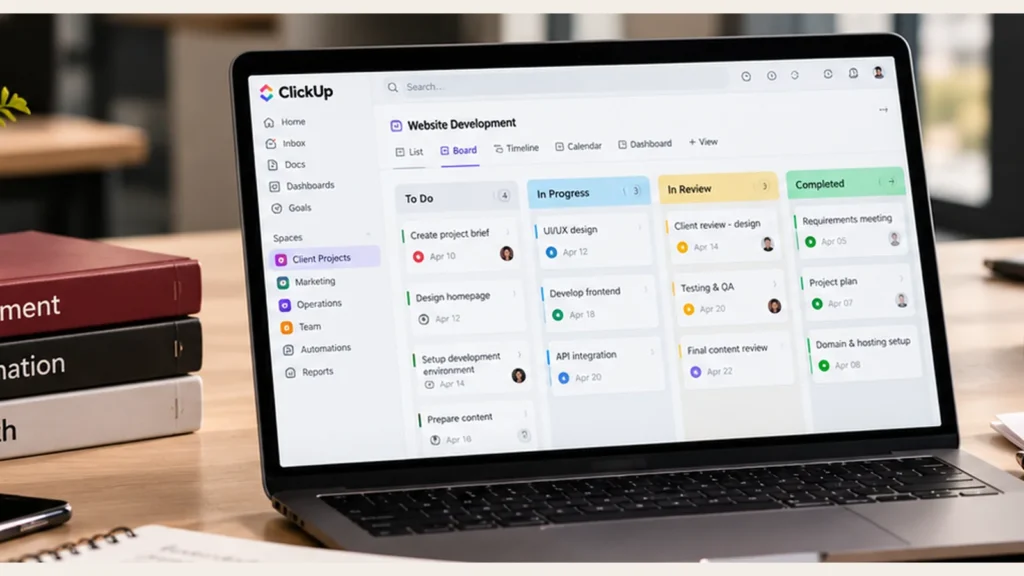 Laptop displaying a digital project management board in a professional workspace