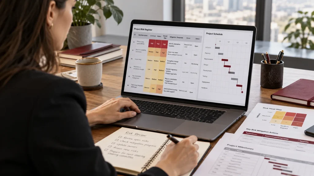 Project manager reviewing a risk register and schedule on a laptop