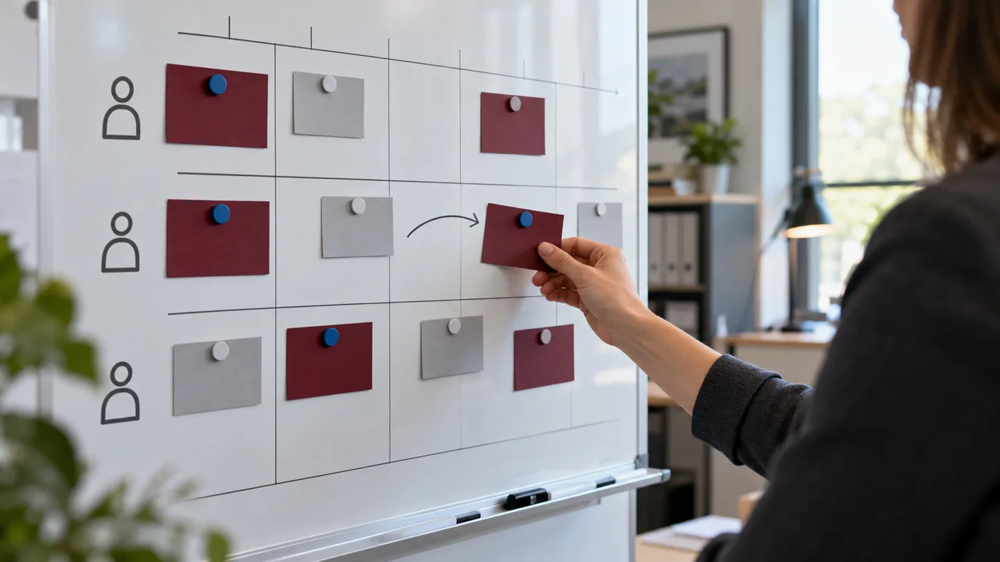 Project manager adjusting task assignments on a workload planning board