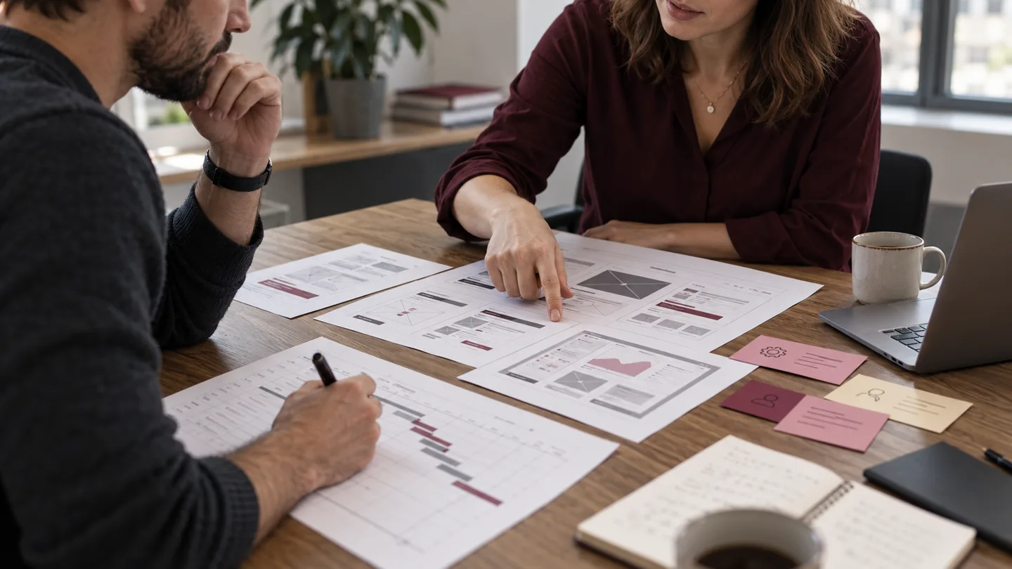 Project manager and client reviewing website requirements and proposed changes